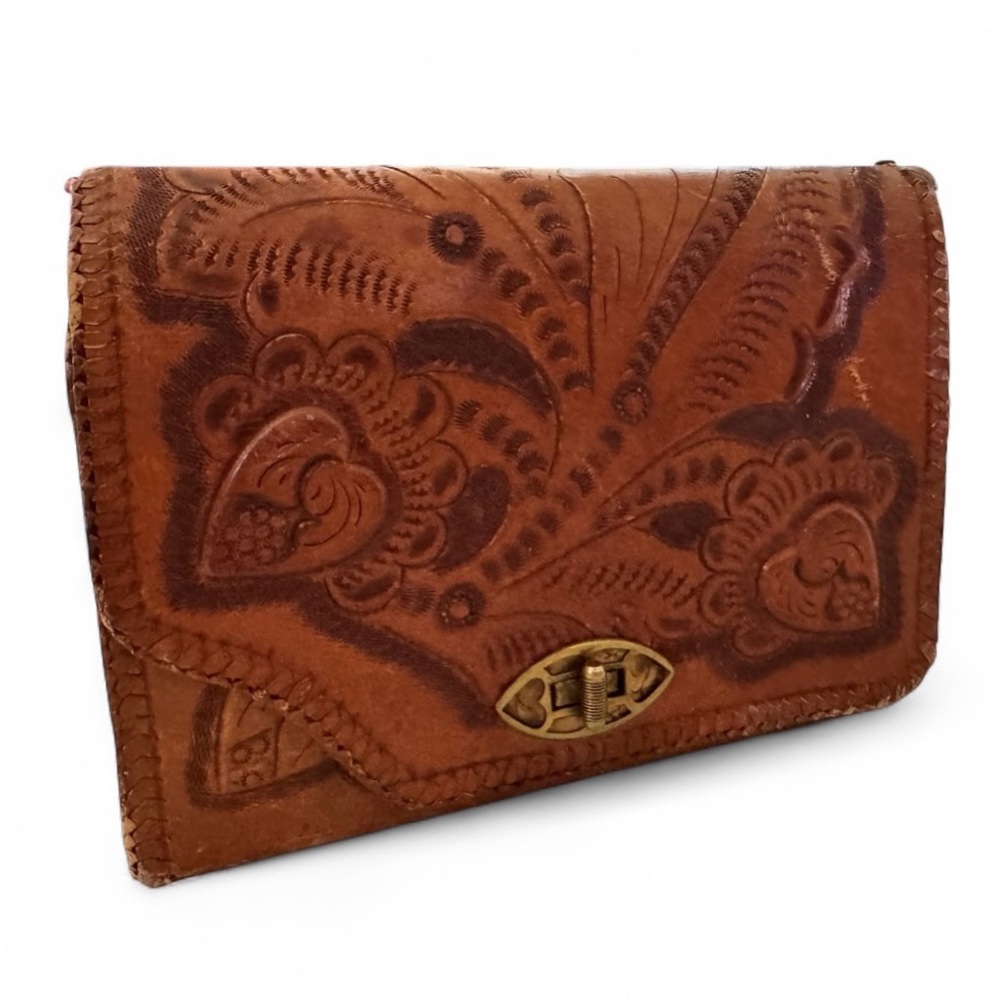 Vintage Leather Embossed Clutch from Mexico
